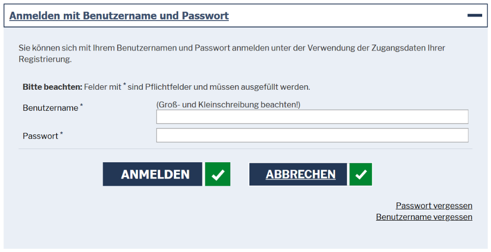 Das Bild zeigt einen Ausschnitt der Webseite des Servicekonto.NRW. Aufgeklappt ist die Option "Anmelden mit Benutzername und Passwort".