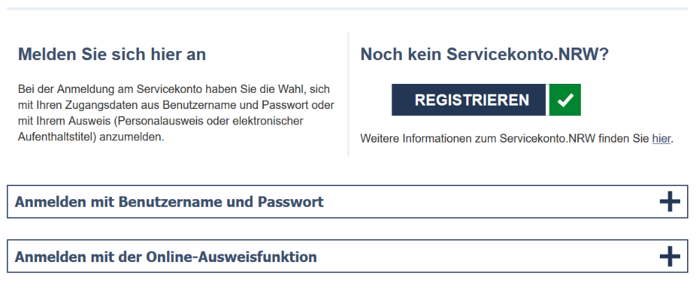 Das Bild zeigt einen Ausschnitt der Webseite des Servicekonto.NRW. Links steht ein Erklärtext zur Anmeldung, rechts ist ein "Registrieren"-Button zu sehen.